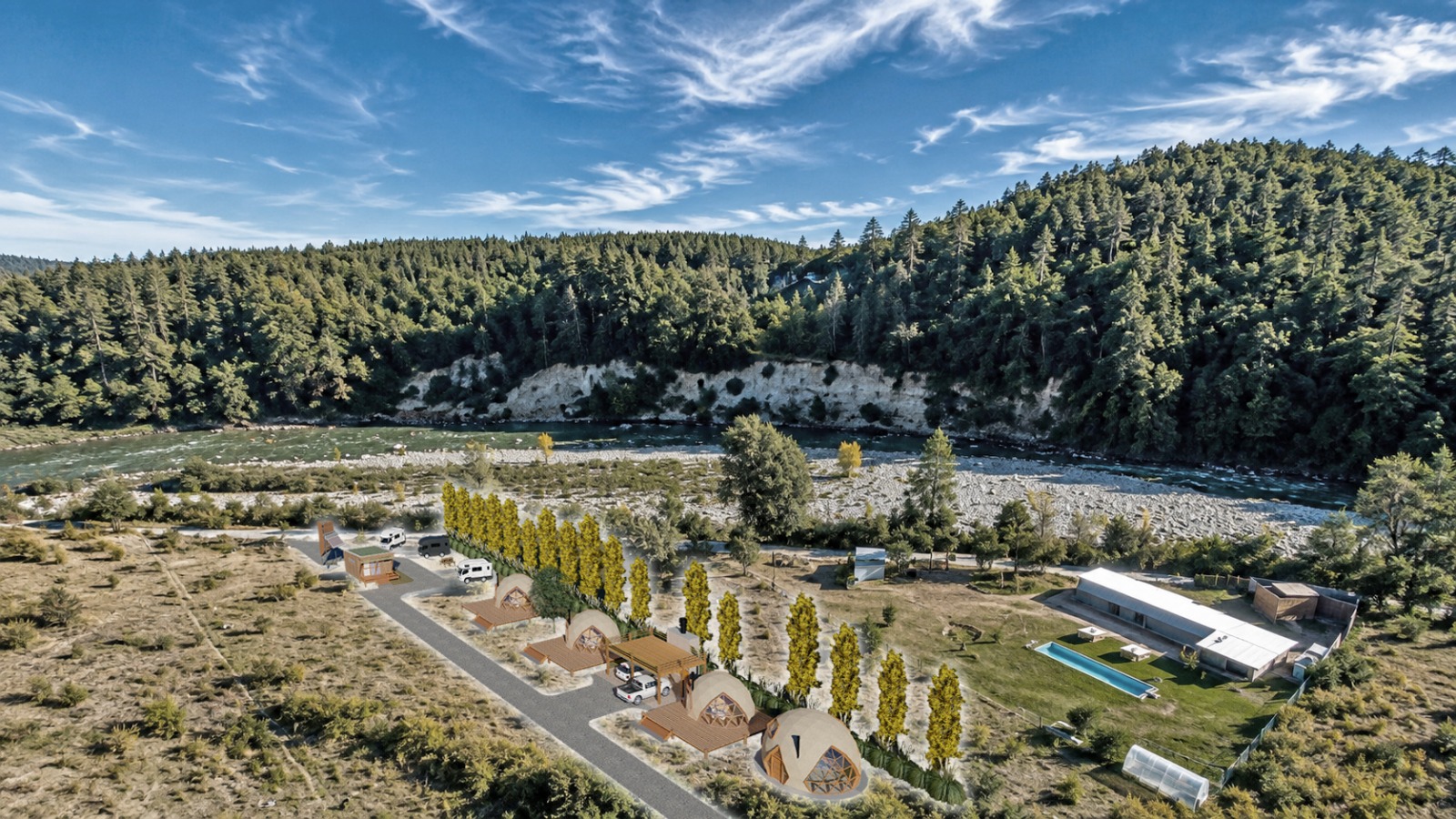 Aerial view of the AGAPE site between the river and the forest