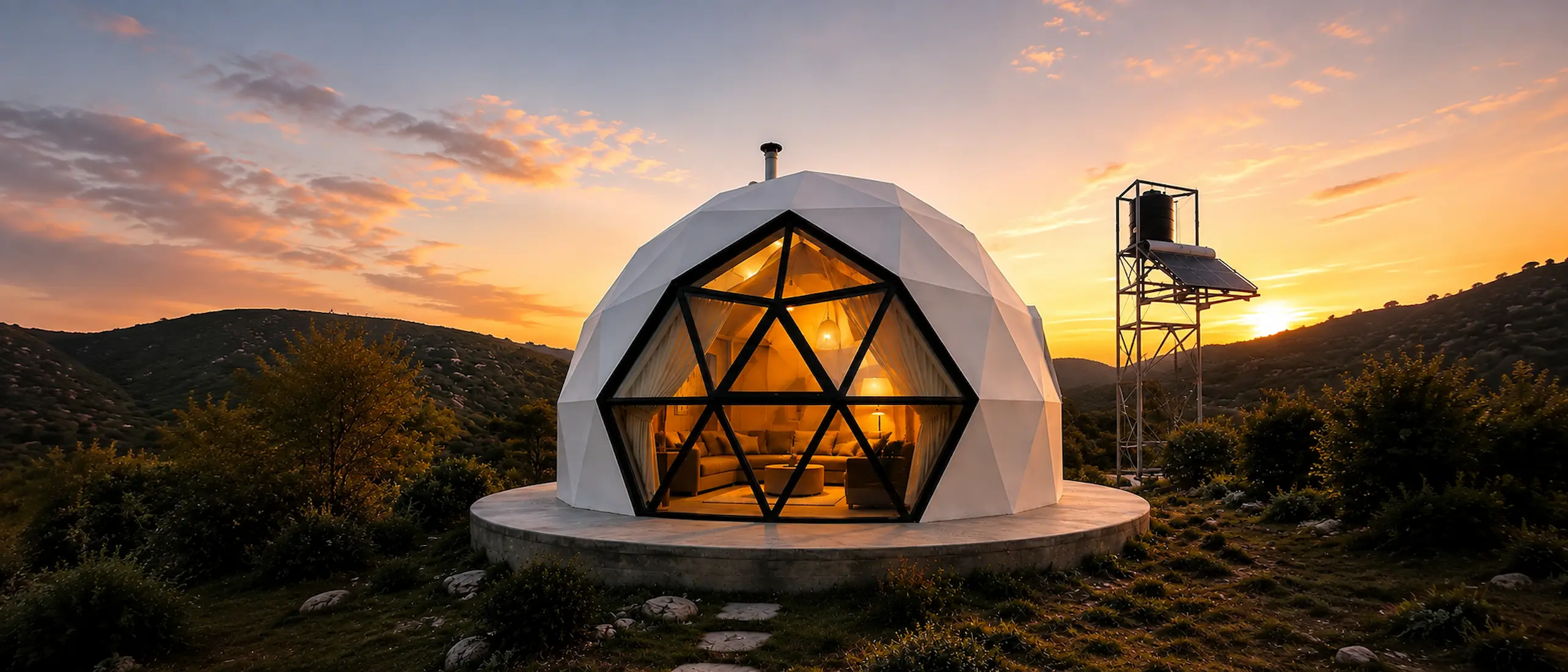 Domo geodésico blanco al atardecer, con vidriado triangular iluminado