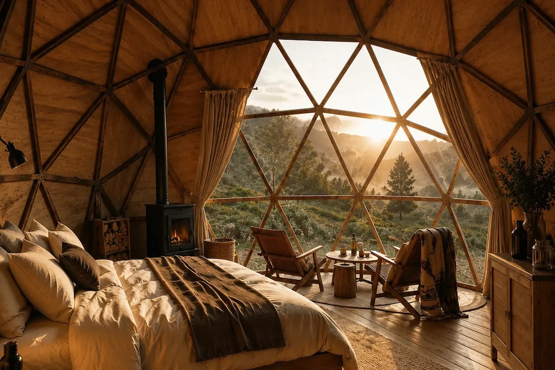 Interior del domo: cama, salamandra a leña y sillones frente al vidriado triangular