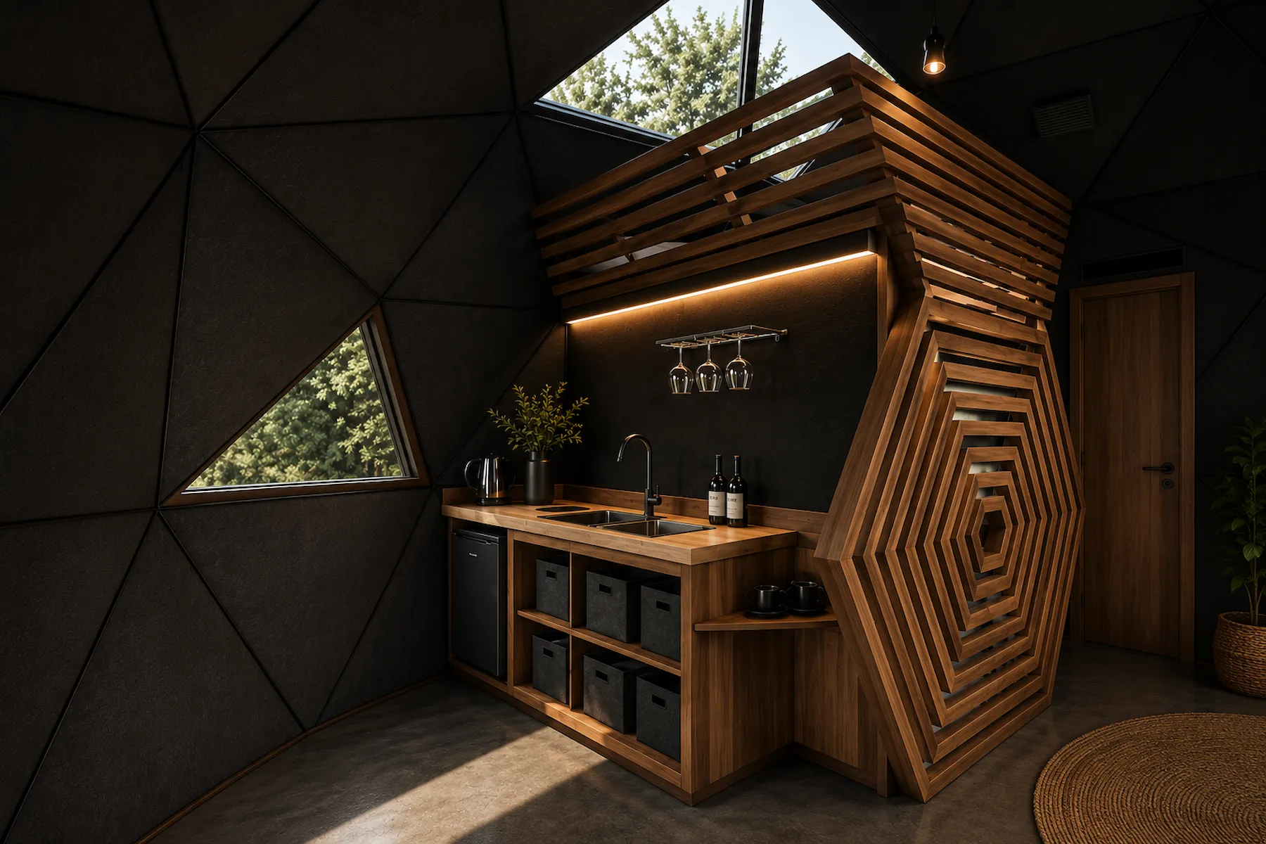 Interior del módulo: kitchenette de madera, pileta negra y estructura geodésica